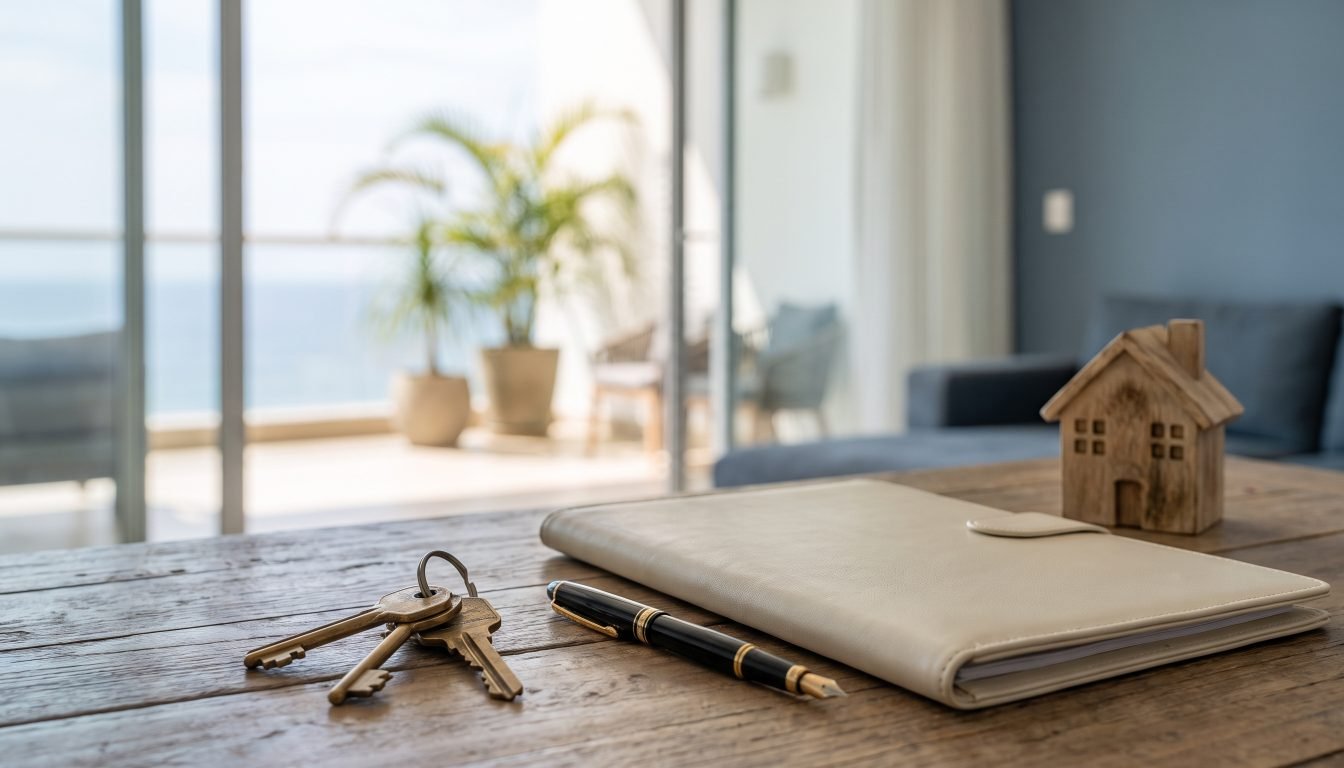 Apartment keys, fountain pen and lease agreement folder on a table in a Puerto Vallarta condo