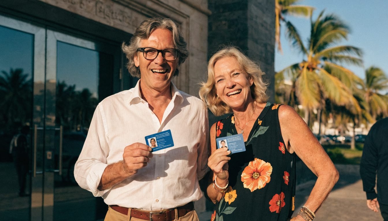Expat couple holding Mexican permanent resident cards in Puerto Vallarta