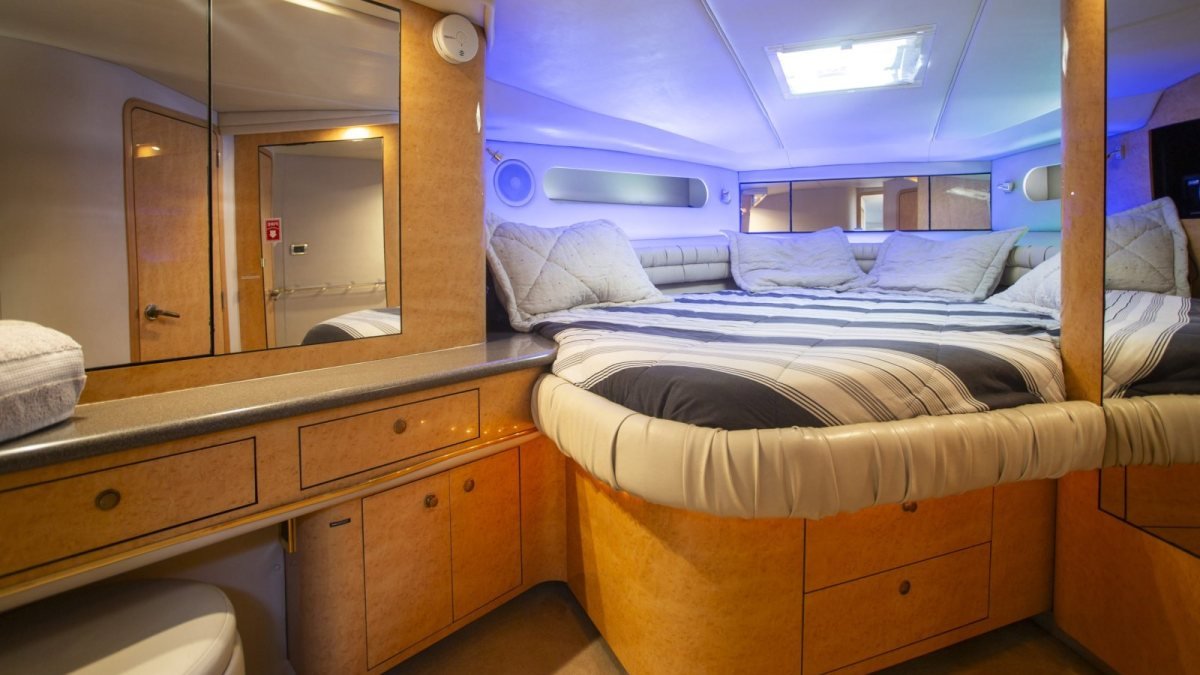 Master cabin of a Sea Ray 50 Sundancer available for private yacht charter in Puerto Vallarta from Marina Vallarta